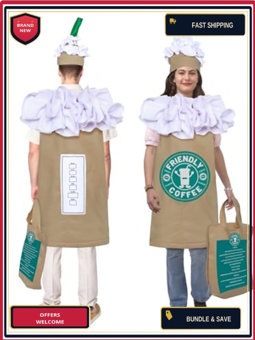 Coffee Costume Adult Tunic Hat Bag Cappuccino Frappuccino Dress-Up Halloween